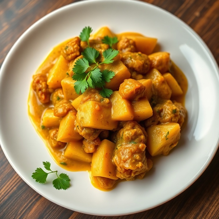 Perfectly plated Aloo Keema with fresh cilantro. Golden sauce covering tender potatoes and meat on a white plate.