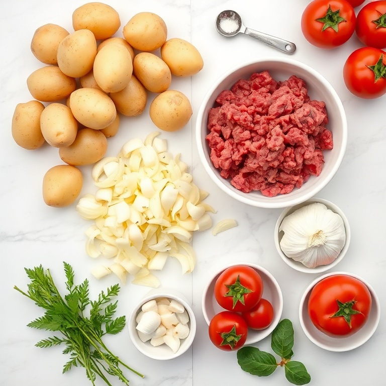 Fresh potatoes, ground beef, onions, garlic, and tomatoes arranged in a flat lay. Measuring spoons and bowls nearby.