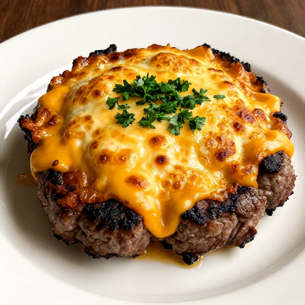 Plated Amish hamburger steak bake with cheddar cheese