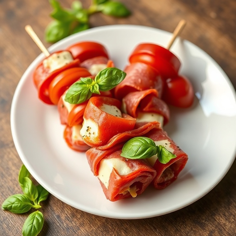 Close-up of a plated serving of antipasto skewers garnished with fresh basil on a white plate with warm side lighting
