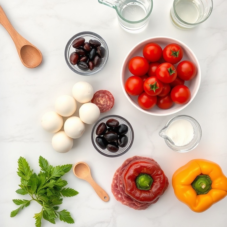 Flat lay of raw ingredients for antipasto skewers including cherry tomatoes, mozzarella balls, salami, olives, and bell peppers with prep bowls on white marble
