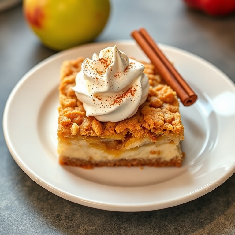 One perfect plated serving of apple crisp cheesecake bars. Fresh whipped cream and cinnamon garnish. White ceramic plate. Warm side lighting showing texture. Photorealistic food photography style, no text, no watermark.