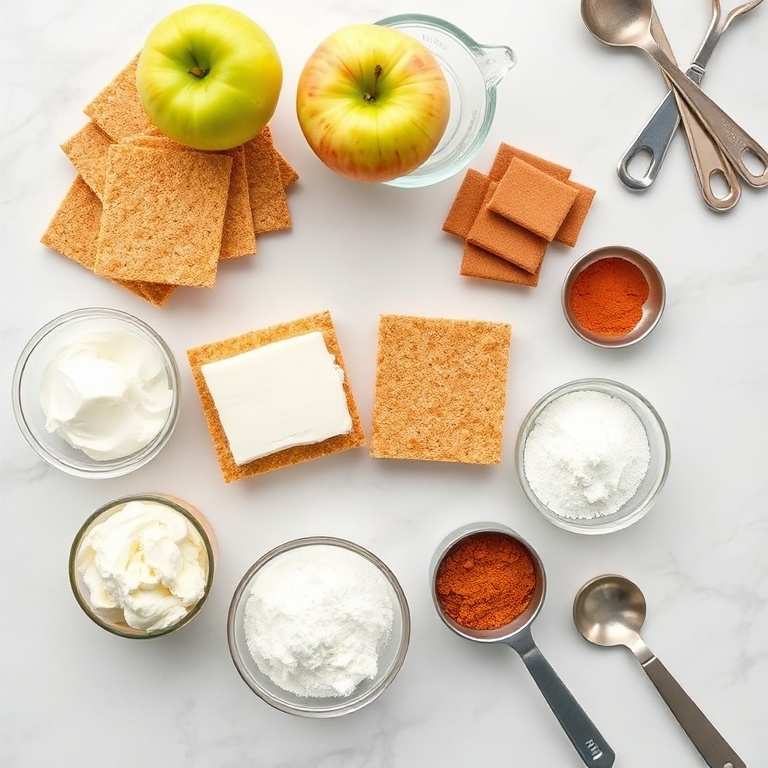 Overhead flat lay of raw ingredients for apple crisp cheesecake bars. Golden graham crackers, fresh apples, cream cheese, sugar, and cinnamon clearly visible. Prep bowls, measuring spoons, and cups near the edge. White marble surface. Bright even natural light. Photorealistic overhead food photography style, no text, no watermark.