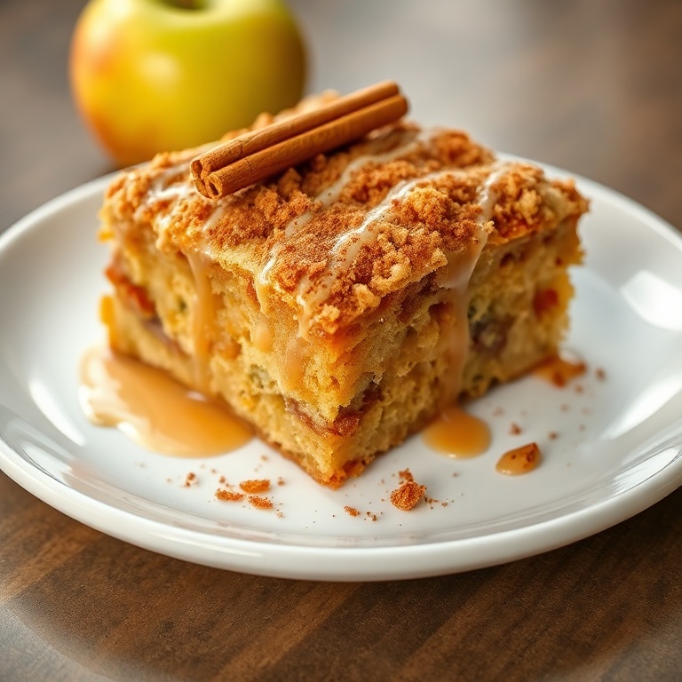 Apple crumb cake with cinnamon drizzle. Garnished with cinnamon. White plate. Warm side lighting showing texture.