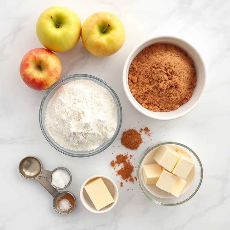 Fresh apples, flour, brown sugar, butter, cinnamon. Measuring spoons and bowls. White marble surface. Bright even light.