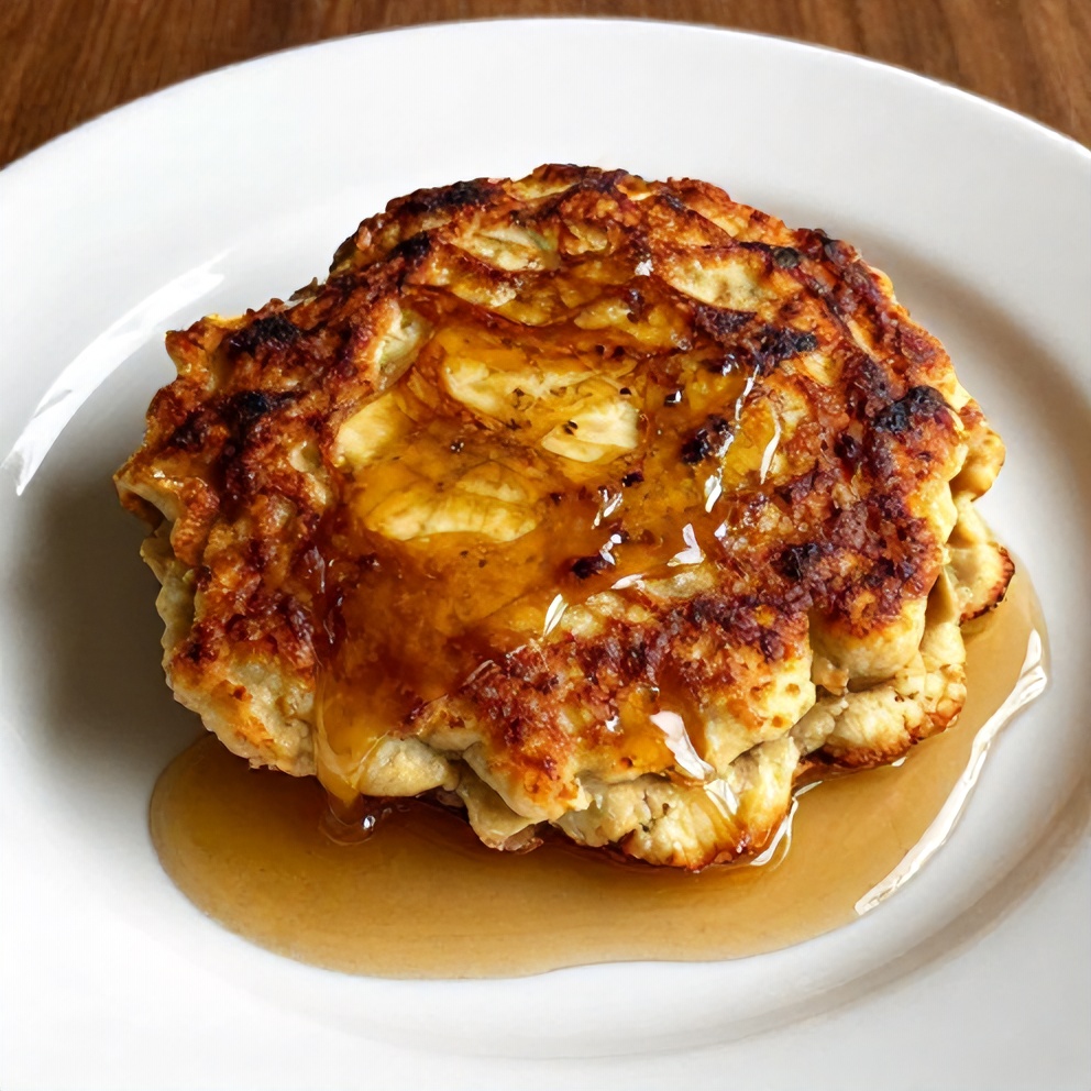 Plated serving of baked cinnamon banana fritters drizzled with honey on a white plate