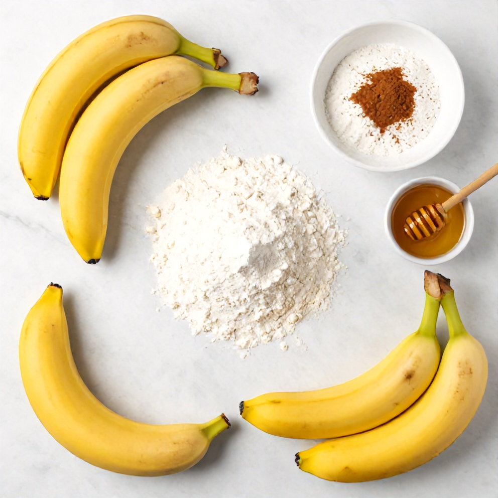 Overhead flat lay of ripe bananas, all-purpose flour, baking powder, cinnamon, honey, and a bowl of ripe bananas