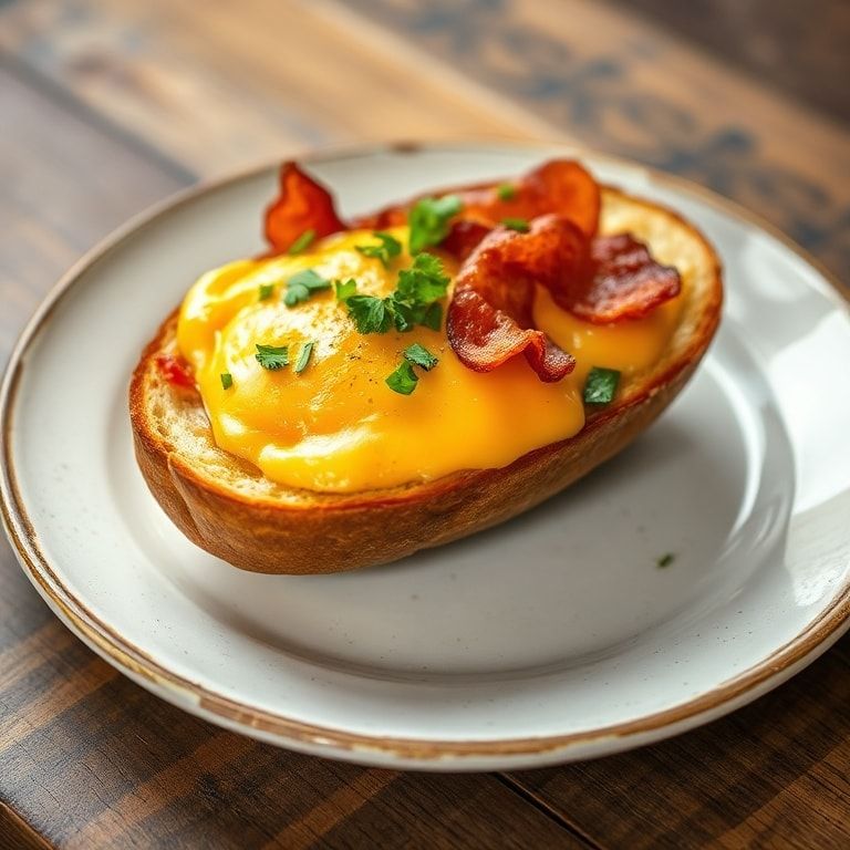 One plated baked egg boat garnished with fresh parsley served on a rustic white plate with warm side lighting