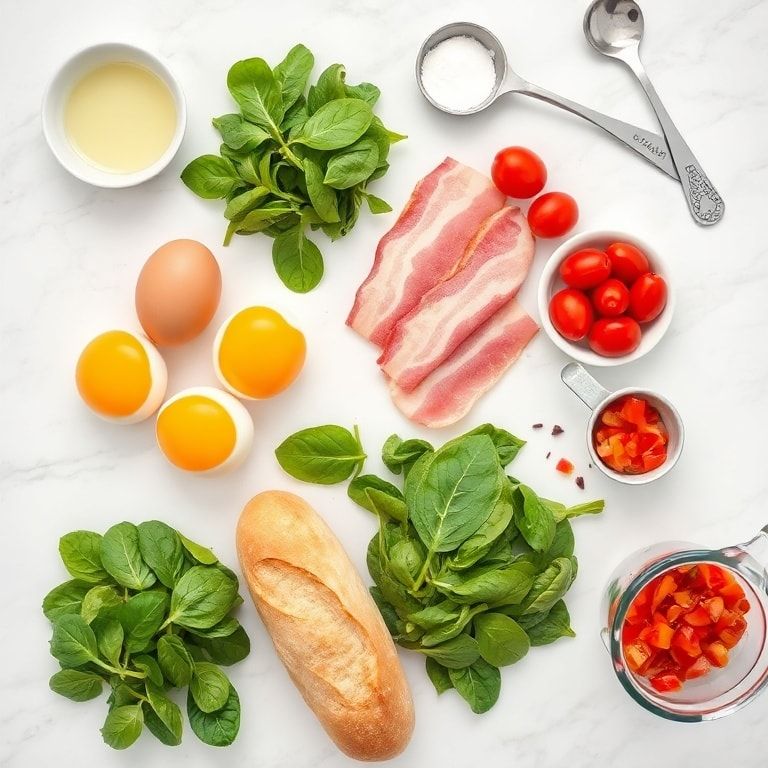 Raw ingredients including eggs, turkey bacon, spinach, cherry tomatoes, cheddar cheese, and bell peppers arranged on a white marble surface
