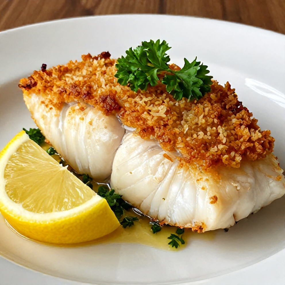 Plated baked halibut with lemon wedge and parsley
