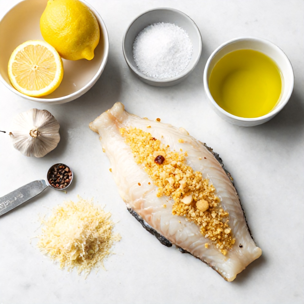 Raw ingredients for baked halibut recipe