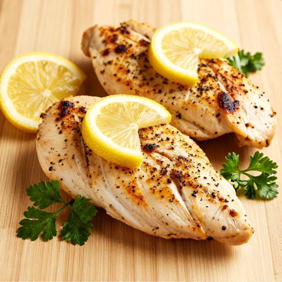 Plate of baked lemon pepper chicken breasts with lemon slices and fresh parsley