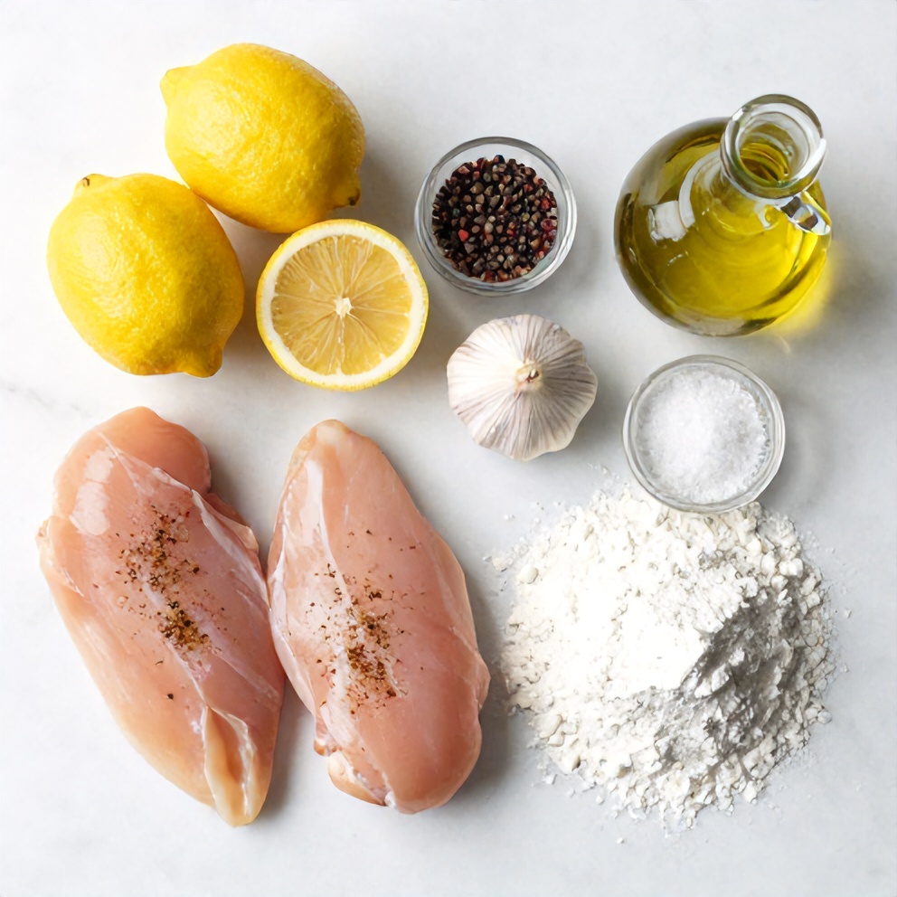 Raw ingredients for lemon pepper chicken: chicken breasts, lemons, pepper, garlic, olive oil, salt, flour