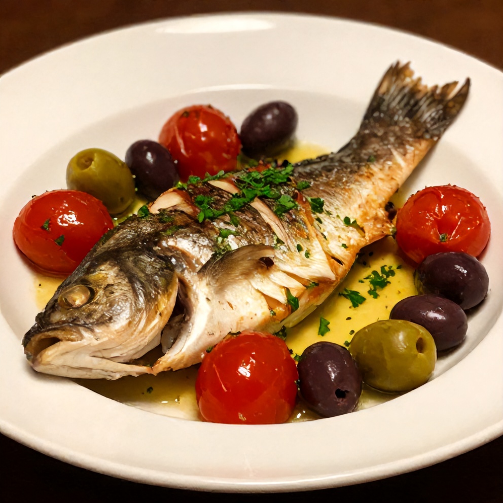 Plated baked sea bass with olives and cherry tomatoes