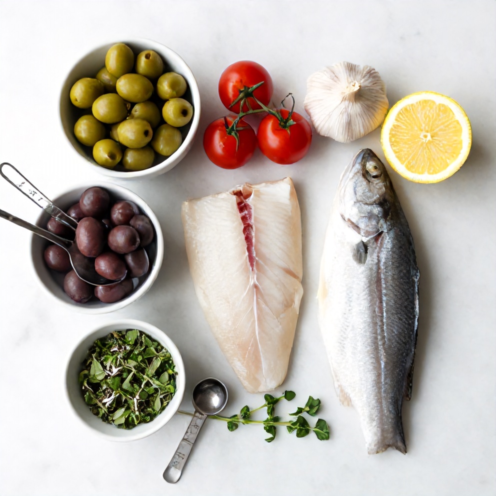 Raw ingredients for baked sea bass with olives and cherry tomatoes