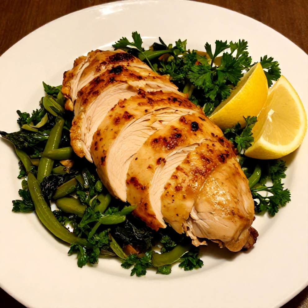 Plated baked turmeric chicken with spring vegetables