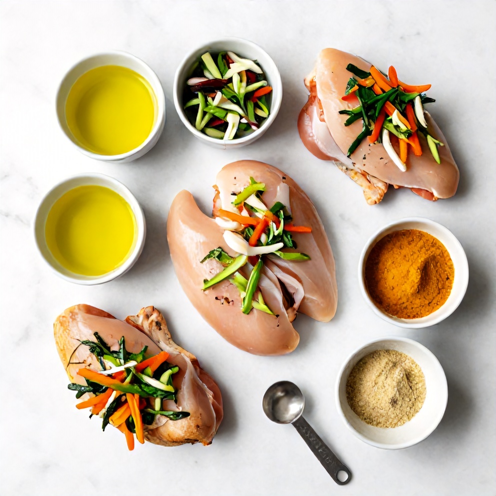 Raw ingredients for baked turmeric chicken with spring vegetables