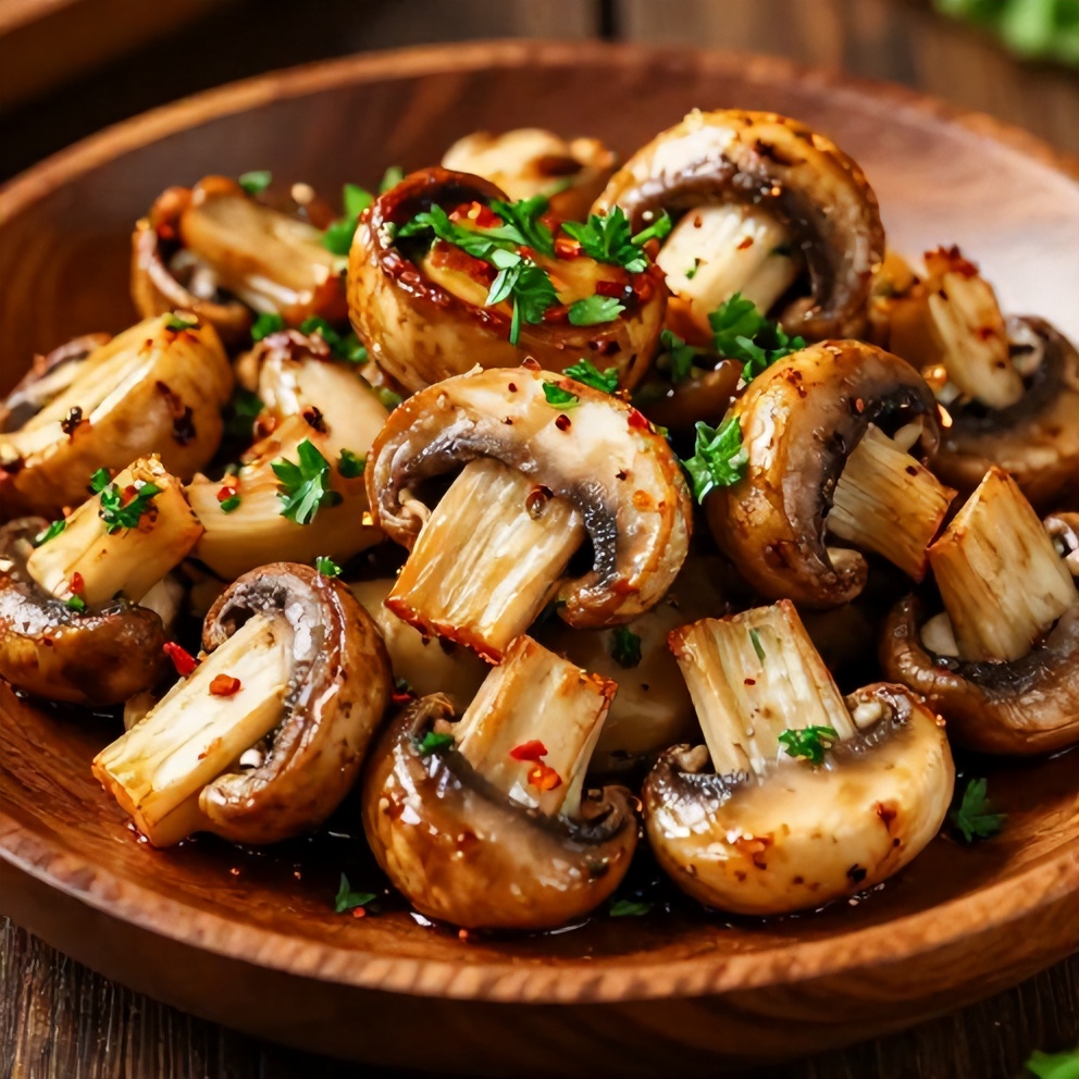 Plated garlic mushrooms ready to serve