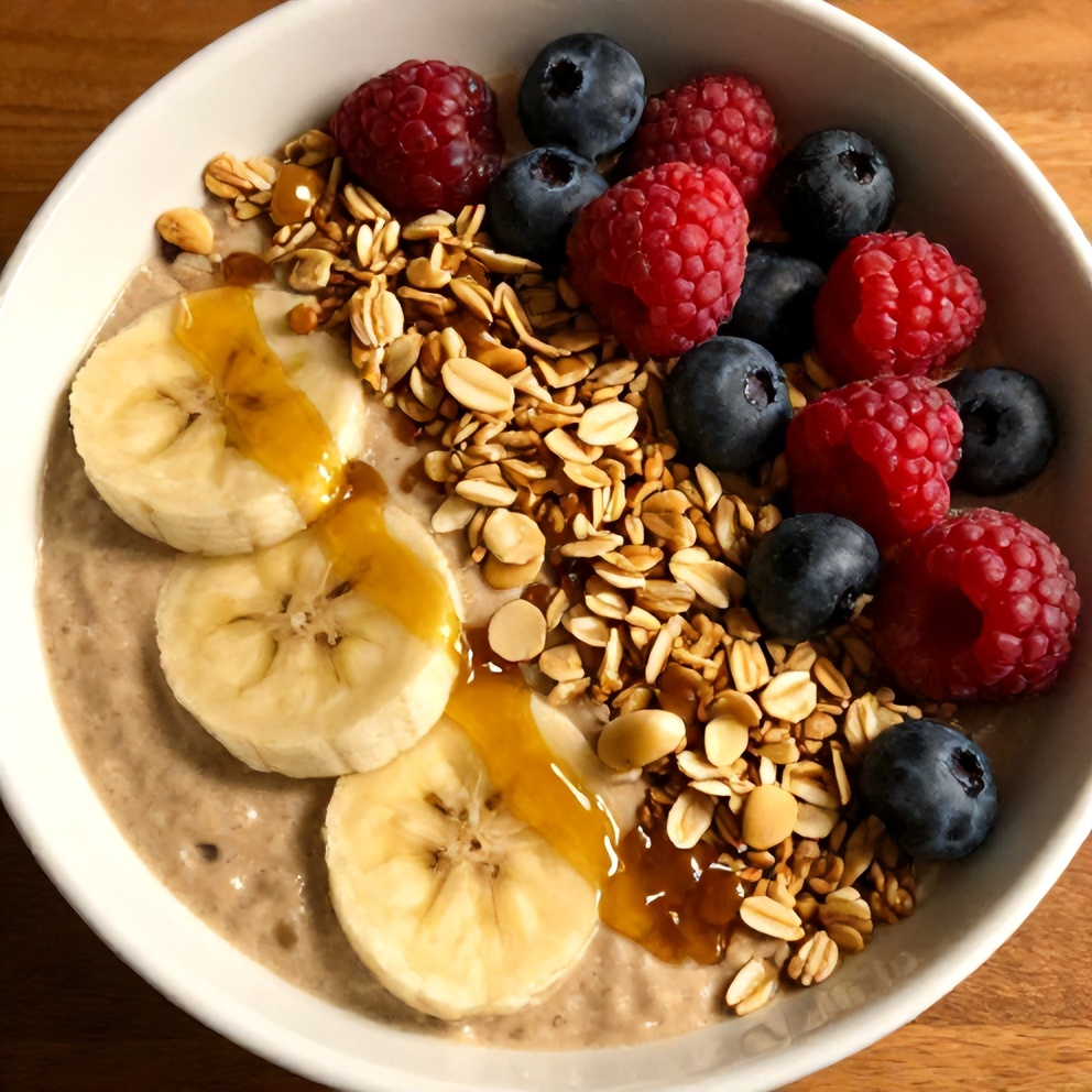 Banana Peanut Butter Oat Smoothie Bowl topped with granola, berries, and a drizzle of honey