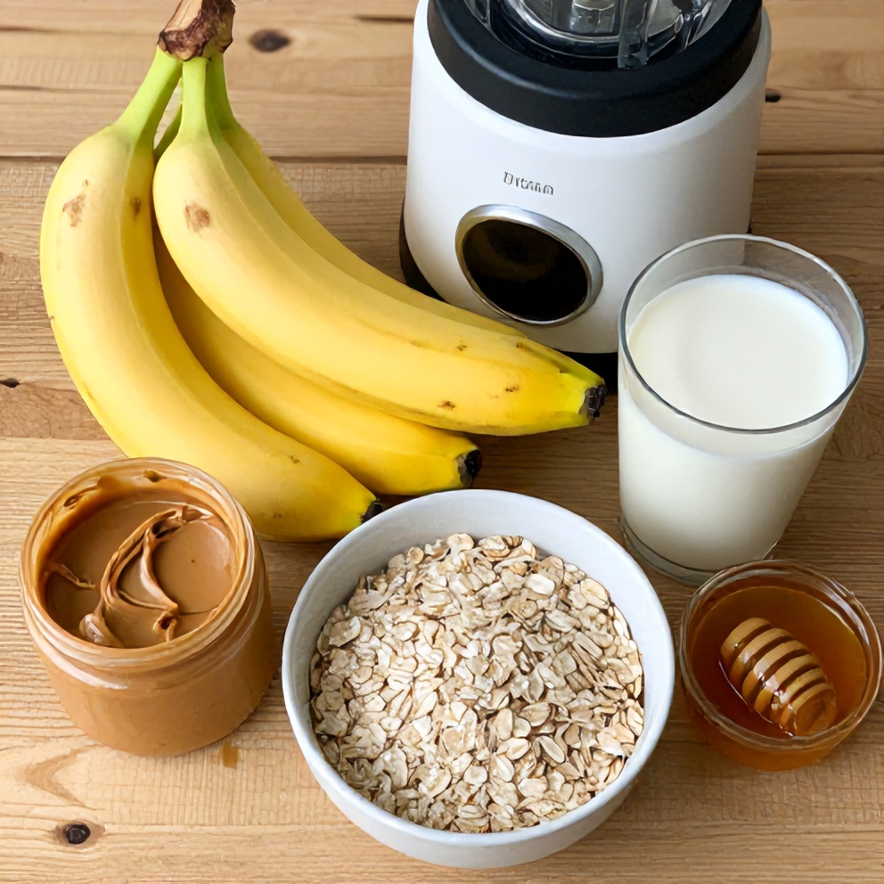 Banana, peanut butter, oats, almond milk, and honey arranged on a wooden surface