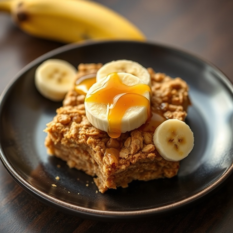 Perfect plated serving of banana peanut butter oatmeal bars. Topped with sliced banana and a drizzle of honey. Dark ceramic plate. Warm side lighting highlighting texture.