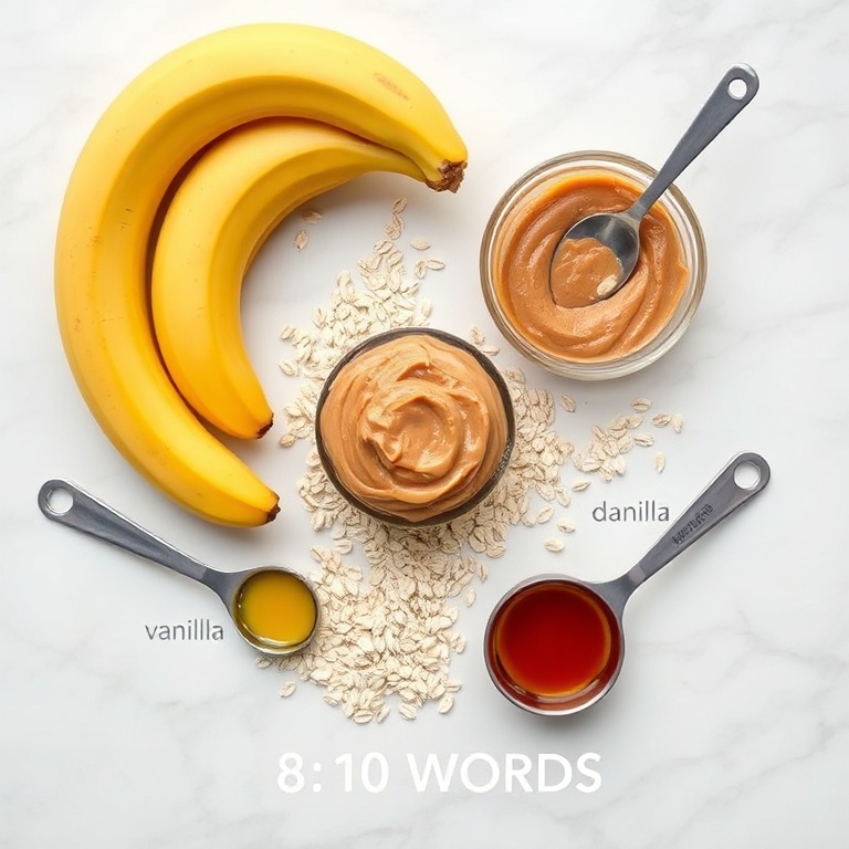 Overhead flat lay of bananas, peanut butter, oats, honey, and rolled oats. Measuring spoons and cups visible. White marble surface. Bright even light.