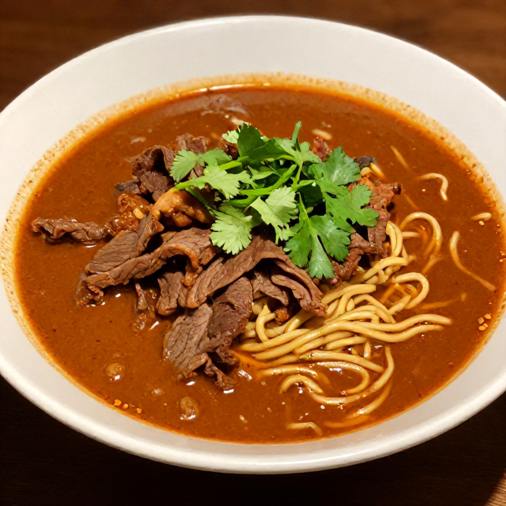 Perfectly plated birria ramen with crispy beef, noodles, and fresh cilantro. Warm side lighting highlights texture.