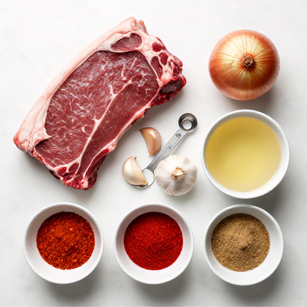 Raw beef, onion, garlic, spices, and broth ingredients arranged in an overhead flat lay. Measuring tools and bowls visible.
