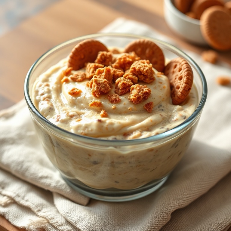Finished serving of biscoff overnight oats topped with crushed biscoff cookies and cinnamon in a clear bowl