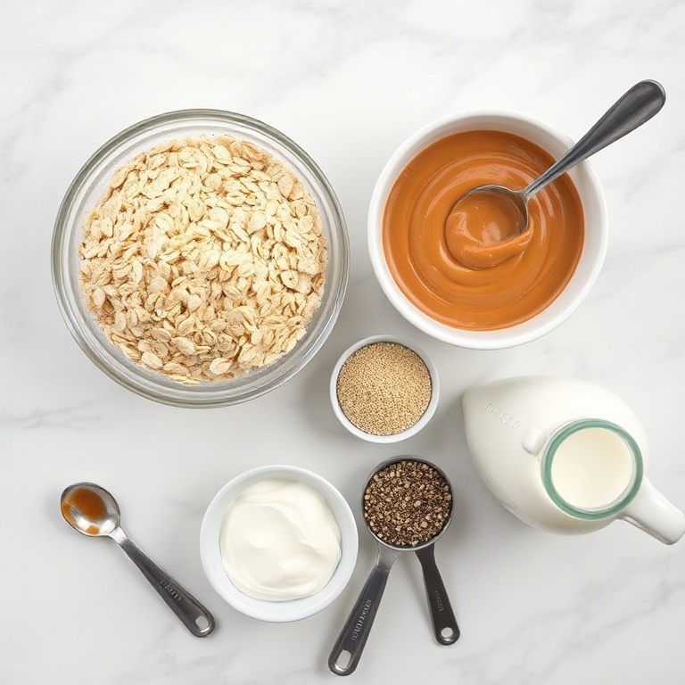 Overhead flat lay of rolled oats, biscoff spread, milk, chia seeds, and yogurt in small bowls with measuring spoons on light wood surface