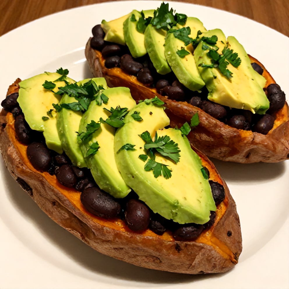 Plated black bean stuffed sweet potatoes with avocado and cilantro