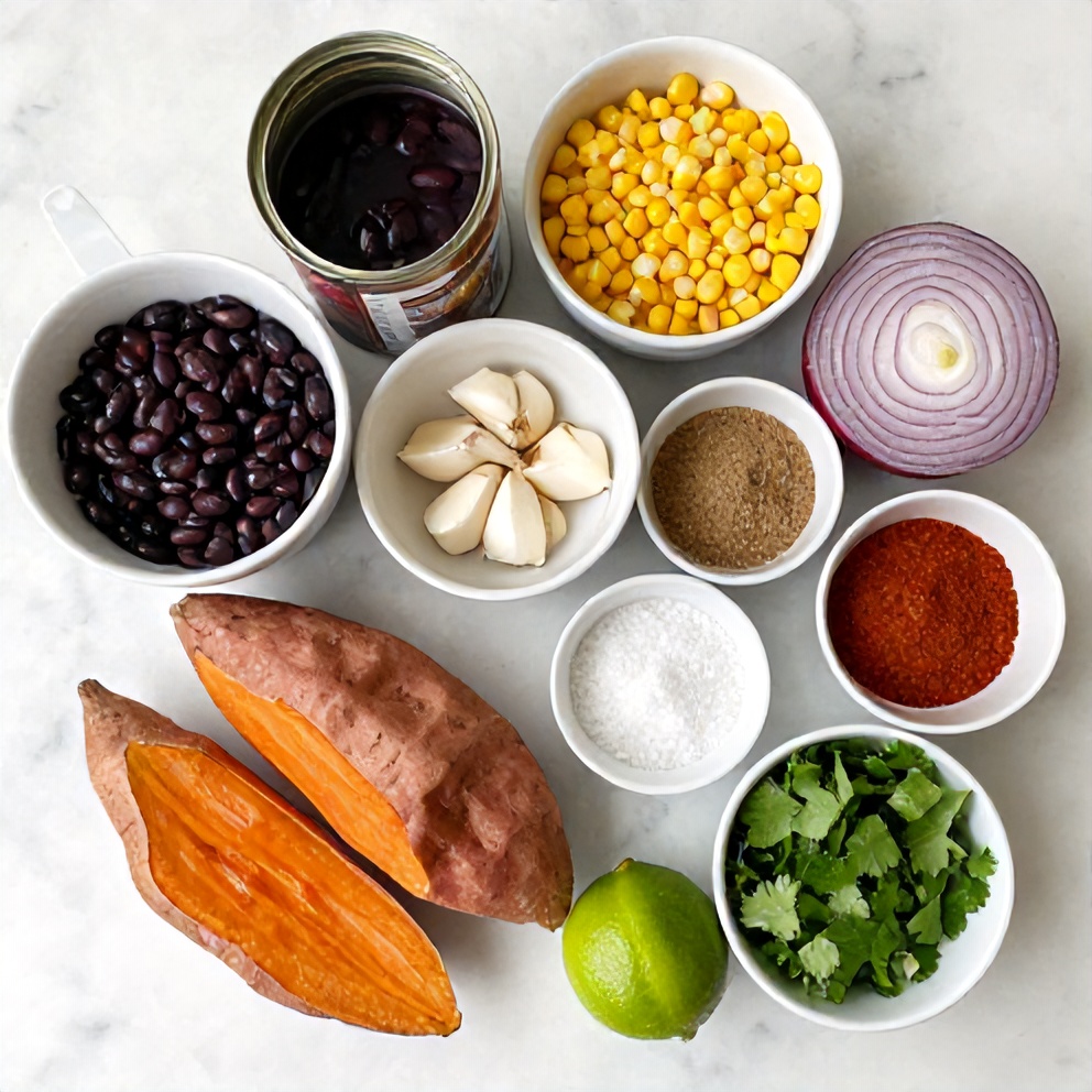 Ingredients for black bean stuffed sweet potatoes on a marble counter