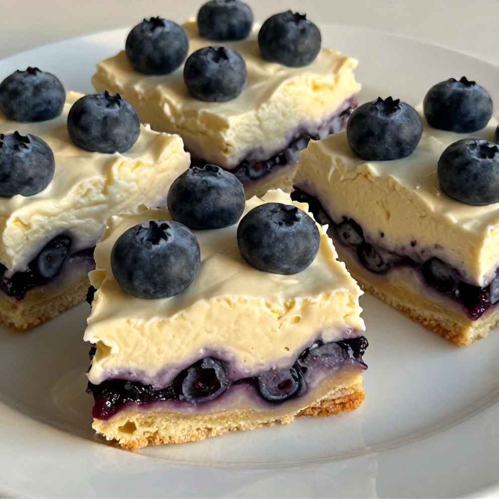 Blueberry cream cheese bars sliced and garnished with fresh blueberries