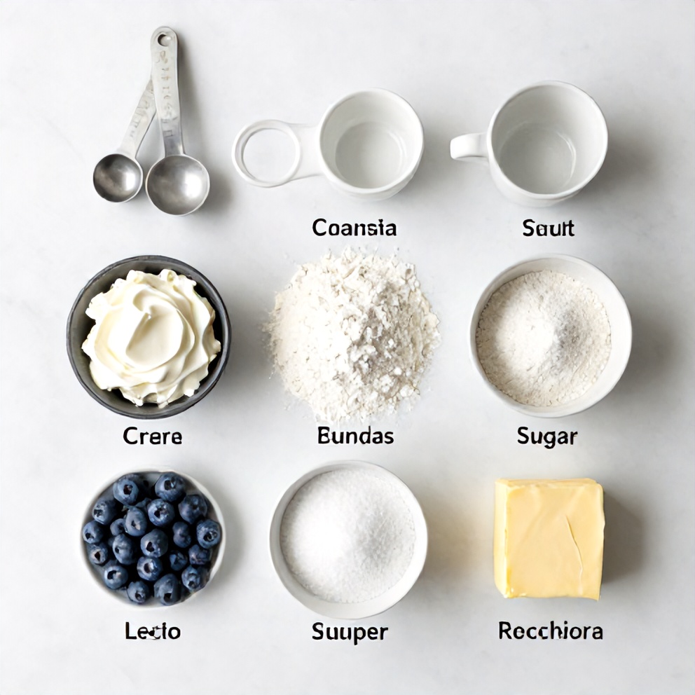 Fresh blueberries, cream cheese, flour, sugar, and butter arranged in a clean flat lay