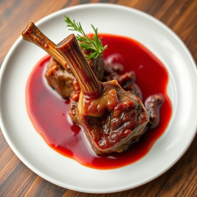 Plated lamb shanks with red wine sauce. Fresh rosemary garnish on top. White ceramic plate. Warm side lighting highlighting sauce and meat.
