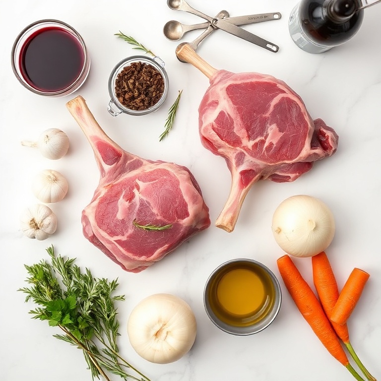 Lamb shanks, red wine, garlic, rosemary, thyme, onion, carrots, and olive oil arranged in an overhead flat lay. Measuring spoons and bowls visible. White marble surface. Bright even light.