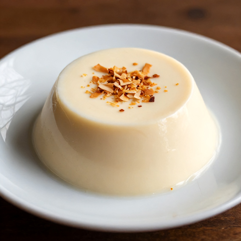 One perfect serving of creamy Brazilian Coconut Pudding plated on a small white plate, garnished with toasted coconut flakes, close crop, warm side lighting showing the creamy texture