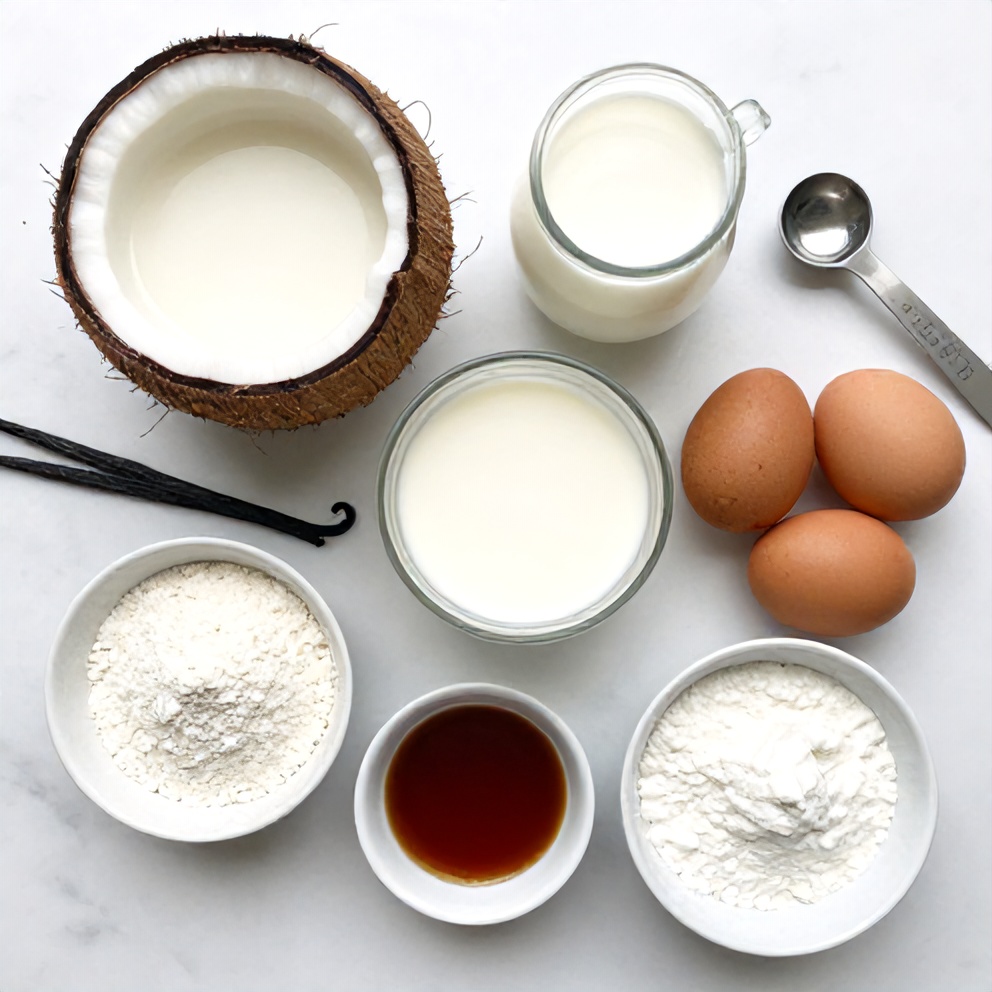Overhead flat lay of coconut milk, sweetened condensed milk, eggs, cornstarch, and vanilla extract, arranged on a white marble surface with measuring spoons and bowls, bright even natural light