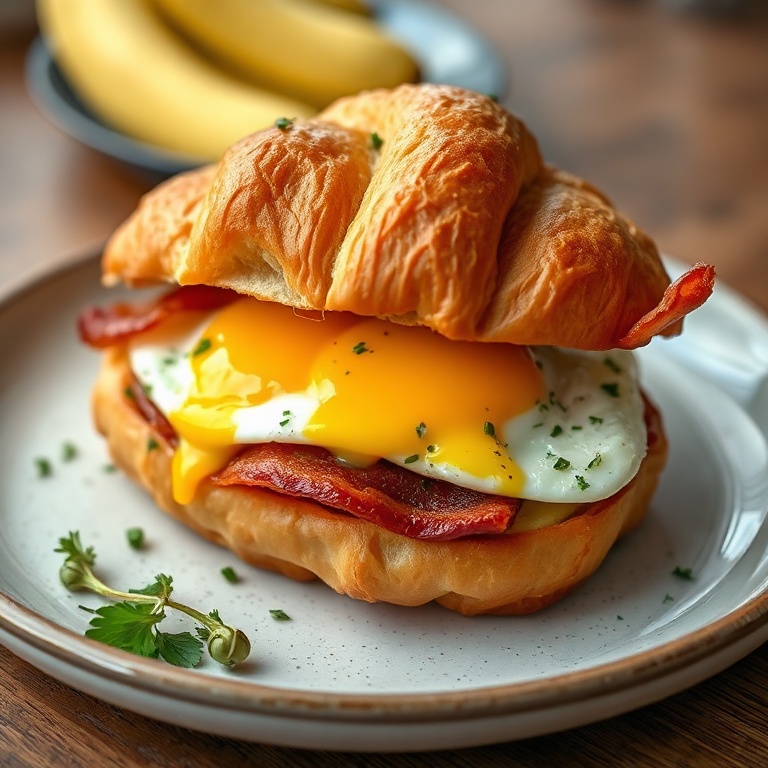 Easy Breakfast Croissant Sandwich with Bacon and Eggs