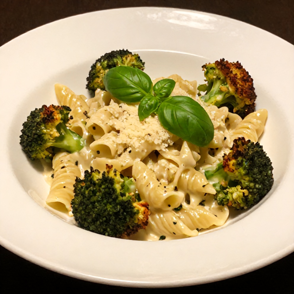 Pasta dish with crispy broccoli, garlic, and Parmesan
