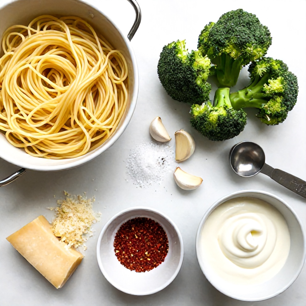 Raw ingredients for easy broccoli pasta