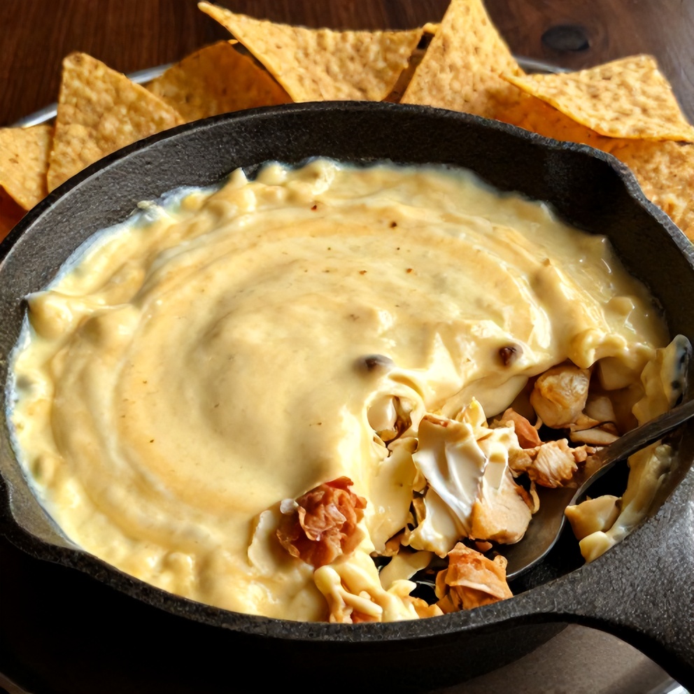 Buffalo Chicken Dip served in a cast iron skillet, with tortilla chips around the edge, ready to be scooped up