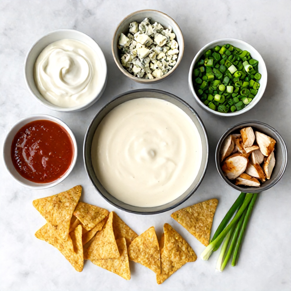 Raw ingredients for Buffalo Chicken Dip: canned chicken, cream cheese, ranch dressing, buffalo sauce, blue cheese crumbles, green onions, and tortilla chips