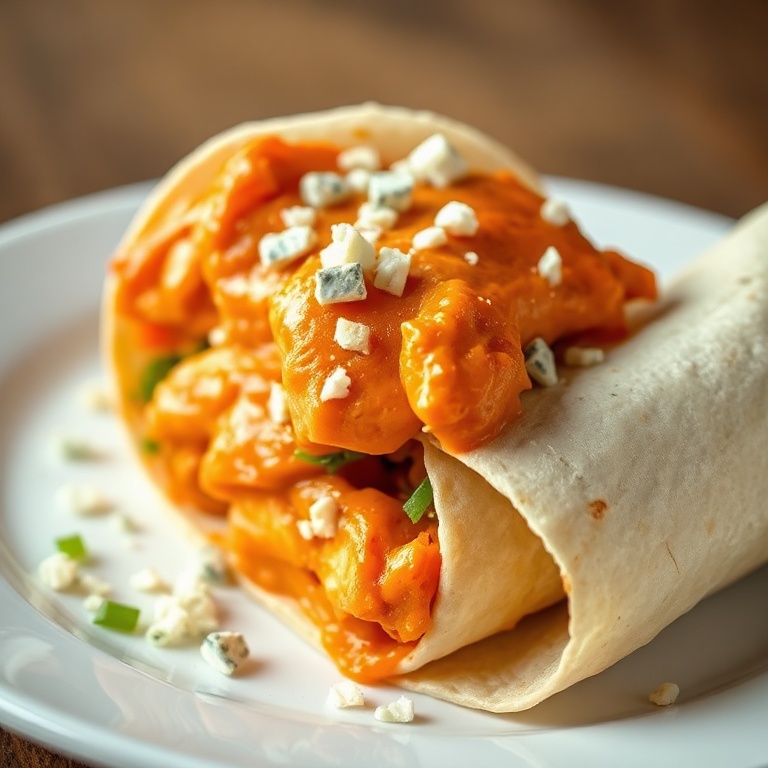 Perfectly plated buffalo chicken wrap with a sprinkle of blue cheese. Warm side lighting highlights the texture and sauce.