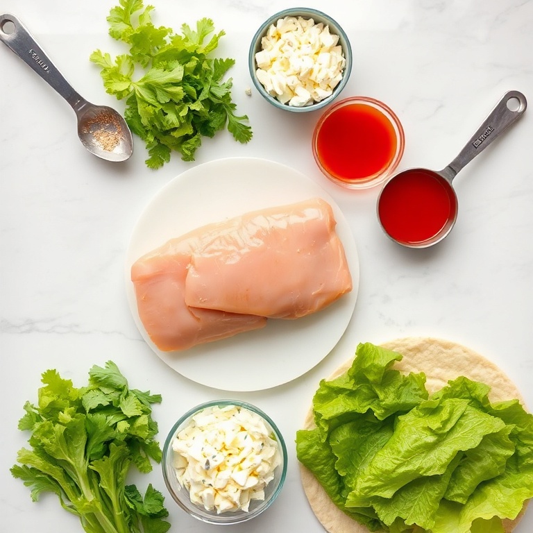 Raw ingredients for buffalo chicken wraps: chicken breast, hot sauce, blue cheese, lettuce, tortillas. Measuring tools and bowls visible on a white marble surface.
