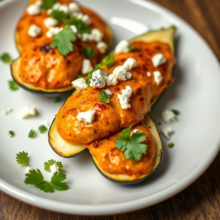 Buffalo chicken zucchini boats with blue cheese crumbles and cilantro. Close crop. White ceramic plate. Warm light highlighting texture.