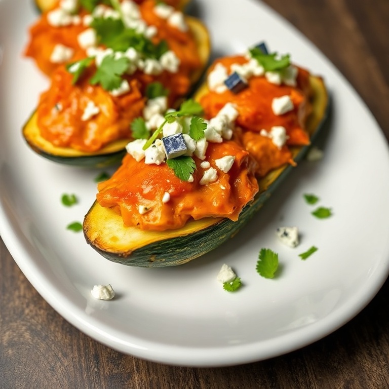 Buffalo chicken zucchini boats topped with blue cheese and cilantro. Close crop on white plate. Warm side lighting highlighting texture.