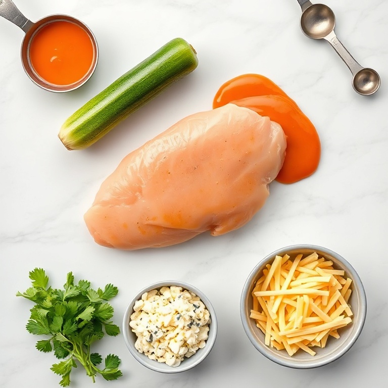 Raw zucchini, chicken breast, buffalo sauce, blue cheese, cilantro, and cheddar. Overhead flat lay. Measuring spoons and bowls visible. White marble surface. Bright even light.