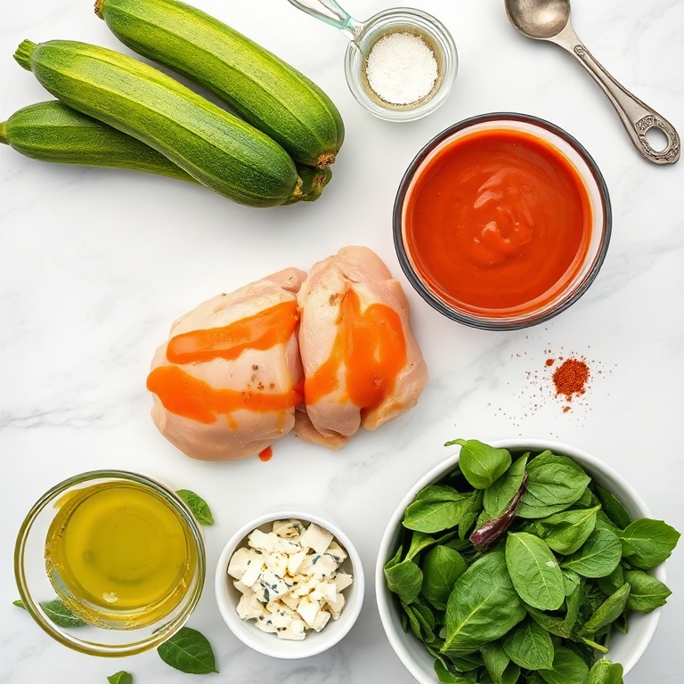 Zucchini, chicken breast, buffalo sauce, blue cheese, spinach, red onion, garlic, olive oil, paprika, salt, pepper. Overhead flat lay on white marble surface.