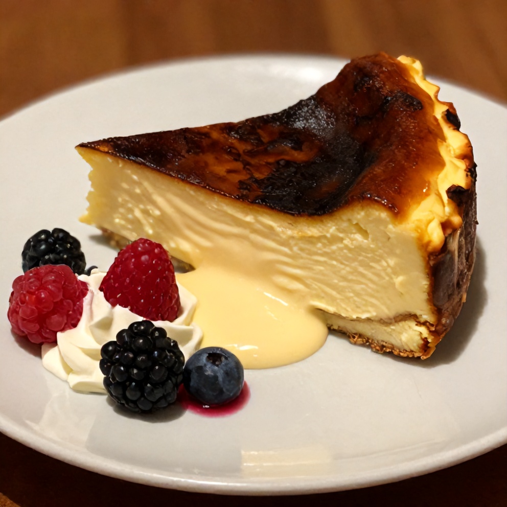 Sliced Burnt Basque Cheesecake on a plate with a creamy center